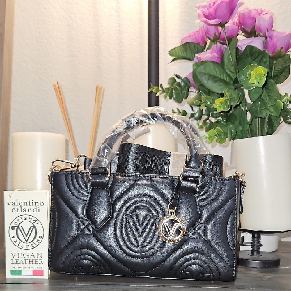 Valentino Orlandi Black Mini Bag with Quilted Design W/Adjustable Branded Strap